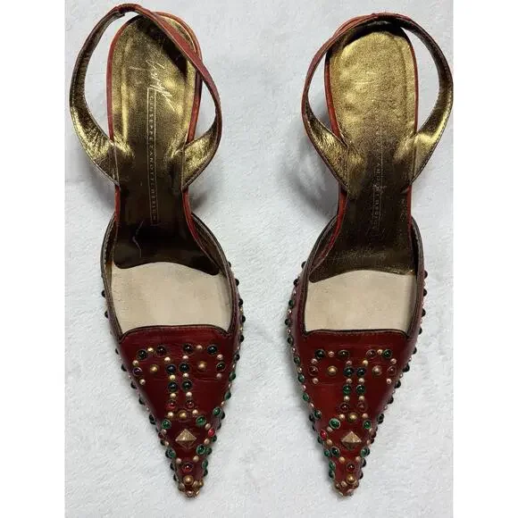 Vtg Giuseppe Zanotti Vicini Jeweled Red Leather Slingback Heels Italy 7B Medium - Picture 3 of 16